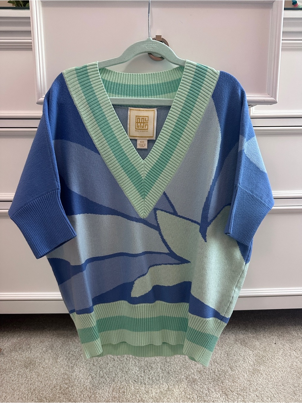 Emily McCarthy Poppy Varsity Sweater in Blue & Mint.  NWOT